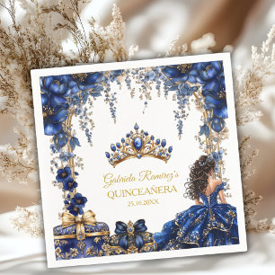 Royal Blue Golden Tiara Floral Quinceañera Napkin