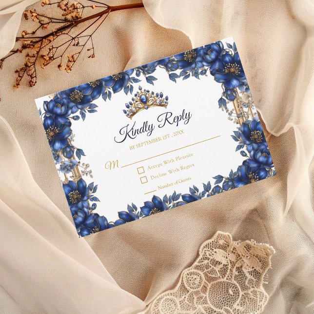 Royal Blue Golden Tiara Floral Quinceañera RSVP Card (Creator Uploaded)