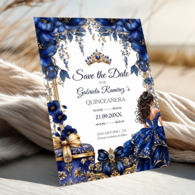 Royal Blue Golden Tiara Floral Quinceañera Save The Date (Creator Uploaded)