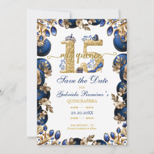 Royal Blue Golden Tiara Floral Quinceañera Save The Date