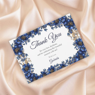 Royal Blue Golden Tiara Floral Quinceañera Thank You Card