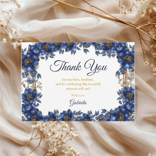 Royal Blue Golden Tiara Floral Quinceañera Thank You Card