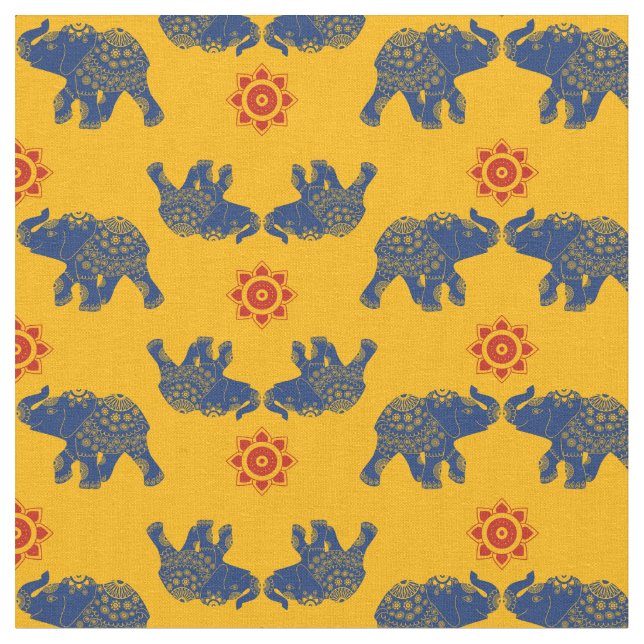 Royal Blue, Golden Yellow Jewelled Elephants India Fabric (Close Up)
