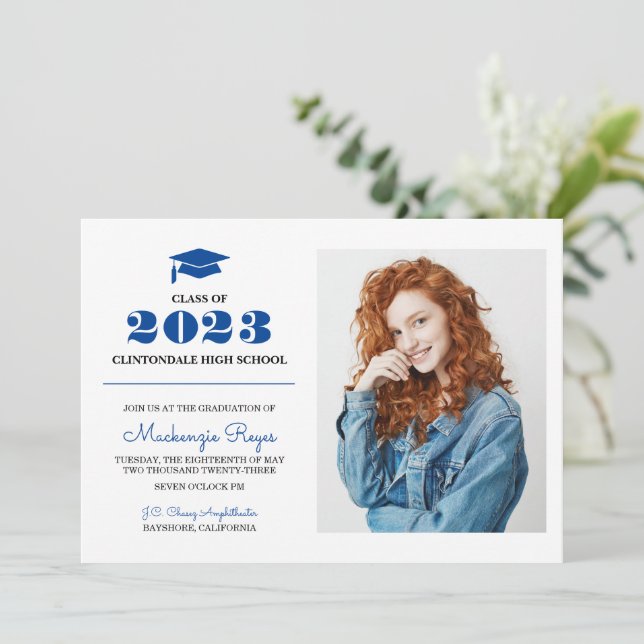 Royal Blue Grad Cap - Simple Photo Graduation Invitation (Standing Front)