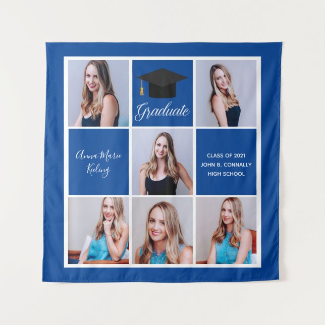Royal Blue Graduation Senior Photo Collage Tapestry (Front)