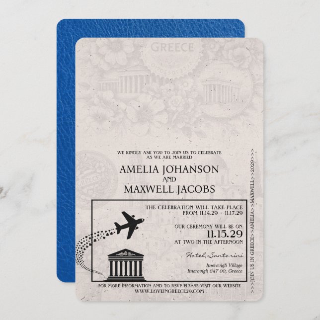 Royal Blue Greece Passport Wedding Invitation (Front/Back)