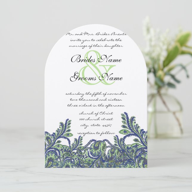 Royal Blue Green Feathery Paisley Peacock Wedding  Invitation (Standing Front)