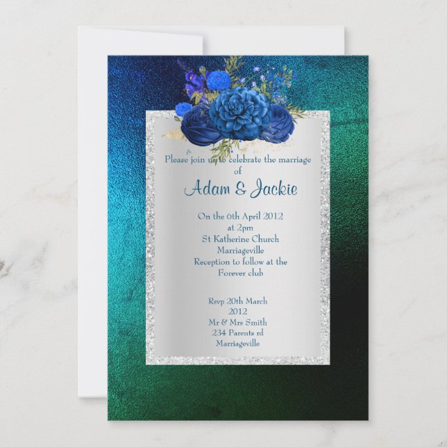 ROYAL BLUE green Floral bouquet ELEGANT  WEDDING Invitation (Front)