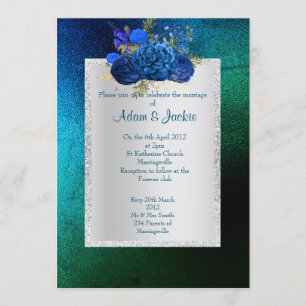 ROYAL BLUE green Floral bouquet ELEGANT  WEDDING Invitation