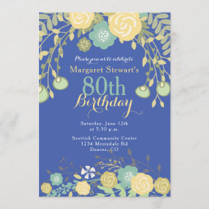 Royal Blue Green Yellow Floral 80th Birthday Invitation