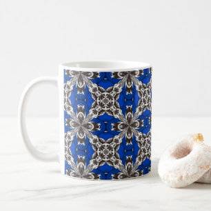Royal Blue Grey and White Repeat Tile Pattern Coffee Mug