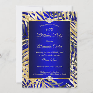 Royal Blue Grey Gold Palms Diamond Birthday Party Invitation