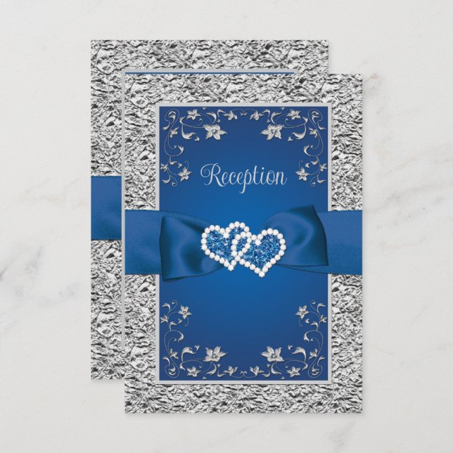 Royal Blue, Grey Love Hearts Reception Card (Front/Back)