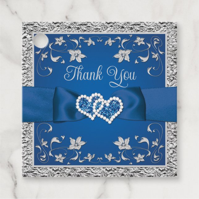 Royal Blue, Grey Love Hearts Wedding Favour Tag (Front)