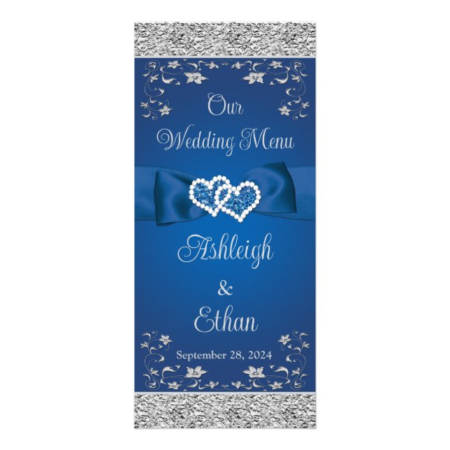 Royal Blue, Grey Love Hearts Wedding Menu (Front)