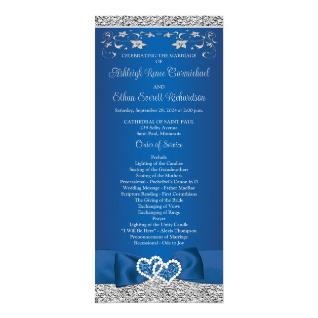 Royal Blue, Grey Love Hearts Wedding Program Rack Card (Front)