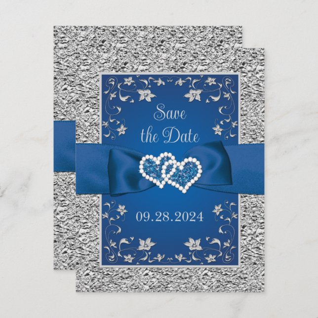 Royal Blue, Grey Love Hearts Wedding Save the Date (Front/Back)