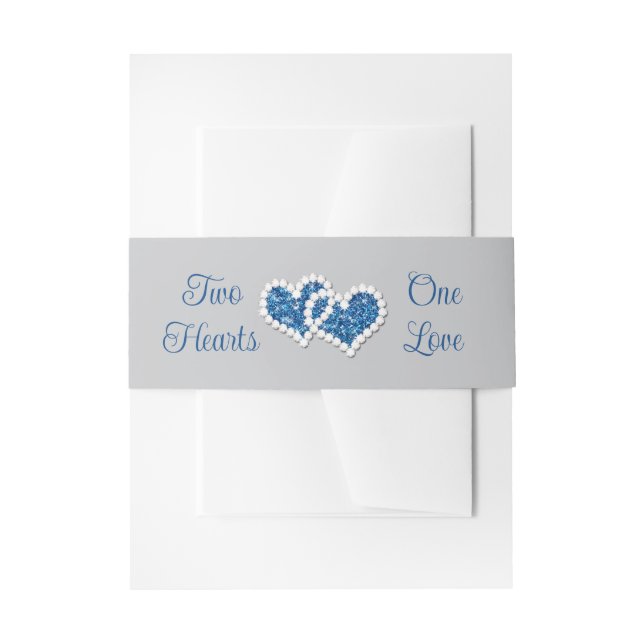 Royal Blue, Grey Two Hearts, One Love Invitation Belly Band (Front Example)