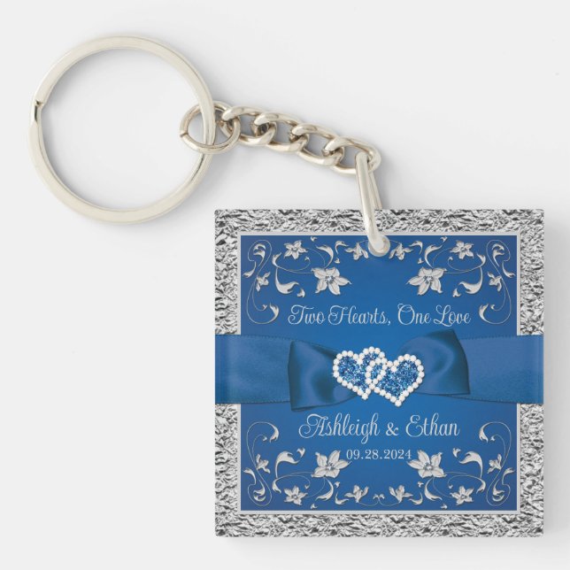 Royal Blue, Grey Two Hearts, One Love Key Ring (Front)