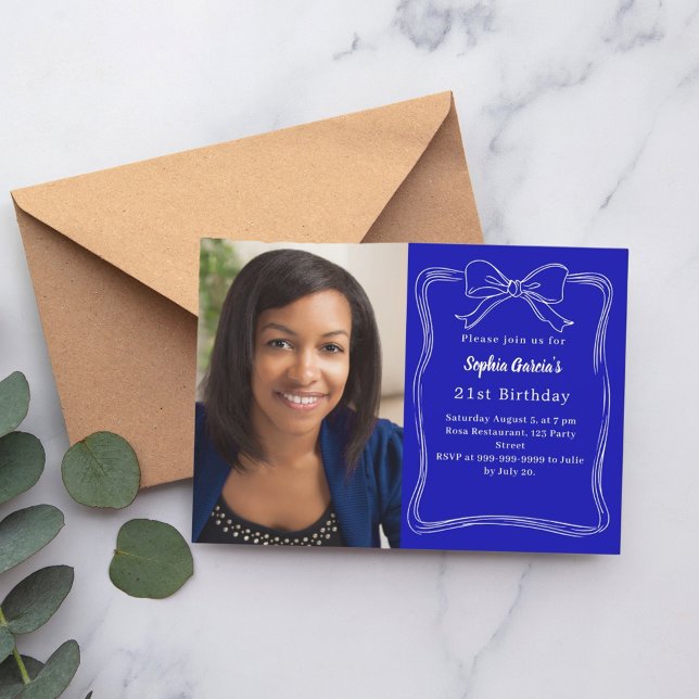 Royal blue hand-drawn bow photo birthday invitation (Creator Uploaded)