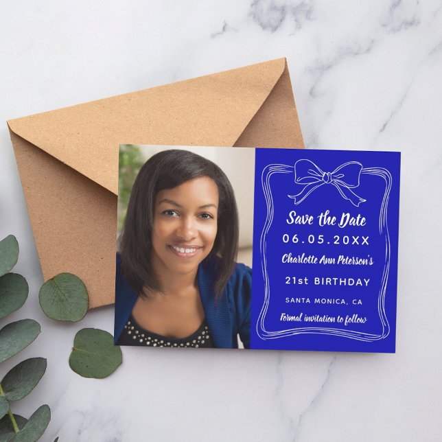Royal blue hand-drawn bow photo birthday save the date (Creator Uploaded)