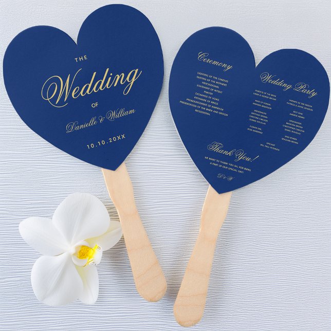 Royal Blue Heart  Golden Script Wedding Program Hand Fan (Creator Uploaded)