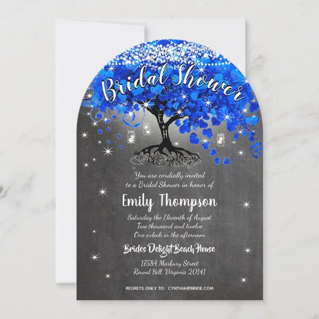 Royal Blue Heart Leaf Tree Bridal Shower Invite (Front)