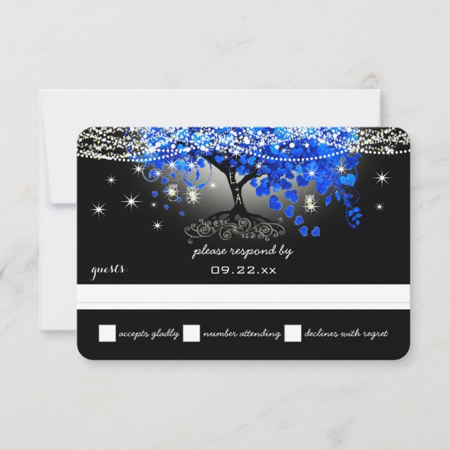 Royal Blue Heart Leaf Tree Mason Jar on Black RSVP Card (Front)