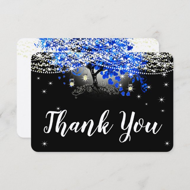Royal Blue Heart Leaf Tree on Black Wedding RSVP Card (Front/Back)