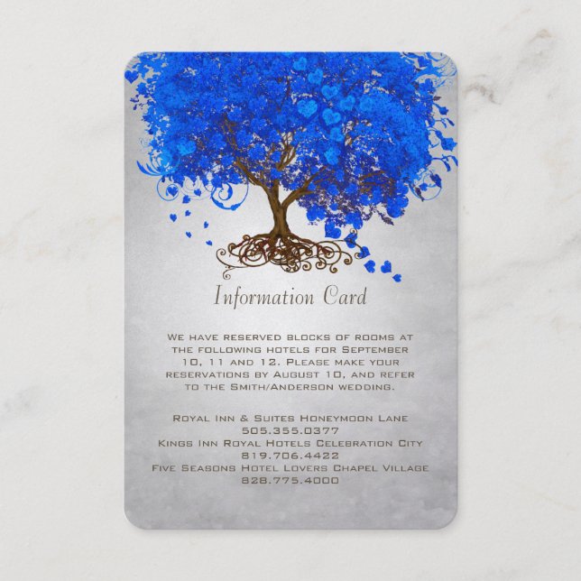 Royal Blue Heart Leaf Tree Wedding Enclosure Card (Front)