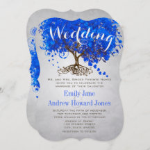 Royal Blue Heart Leaf Tree Wedding Invites