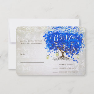 Royal Blue Heart Leaf Tree Wedding RSVP Card