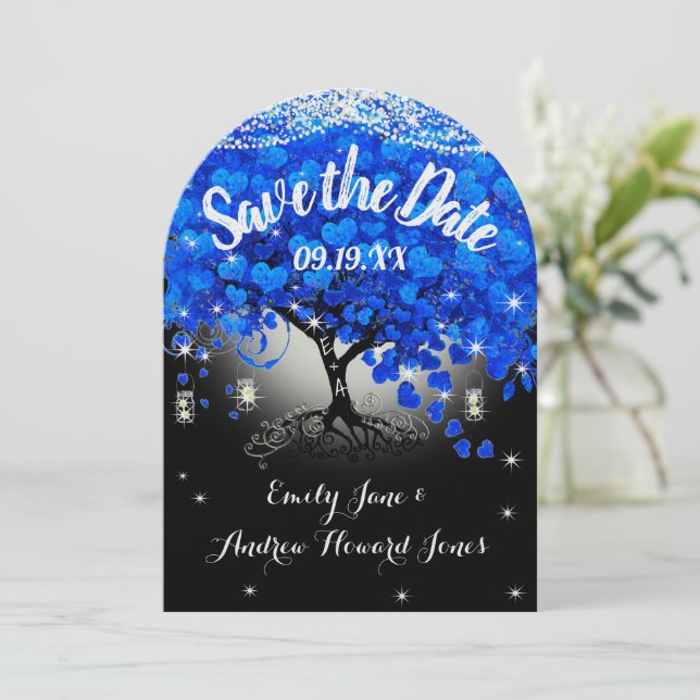 Royal Blue Heart Leaf Tree Wedding Save the Date (Standing Front)