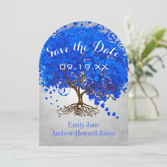 Royal Blue Heart Leaf Tree Wedding Save the Date (Standing Front)