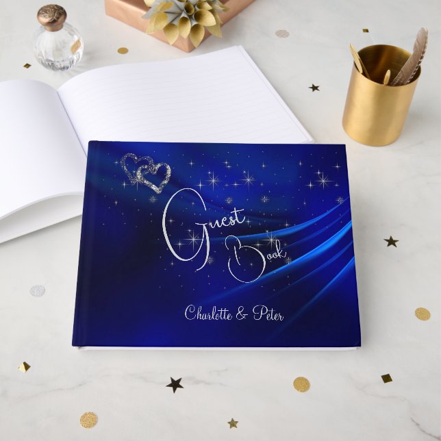 Royal Blue Hearts and Stars Wedding  Guest Book (Front Open)