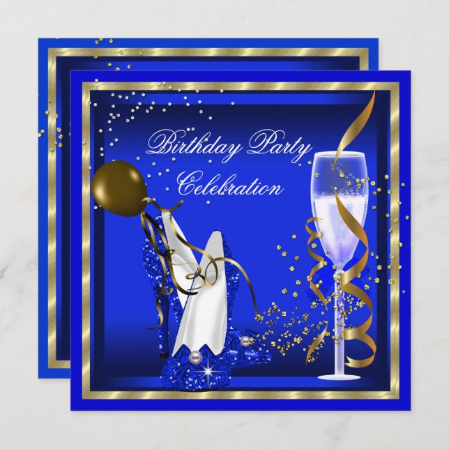 Royal Blue Heels Gold Glitter Birthday Party Invitation (Front/Back)