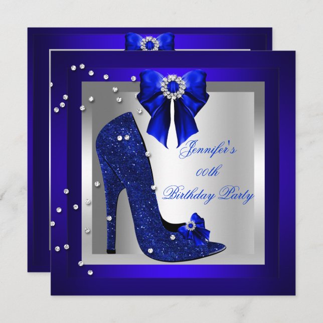 Royal Blue High Heel Shoe Silver Birthday Party Invitation (Front/Back)