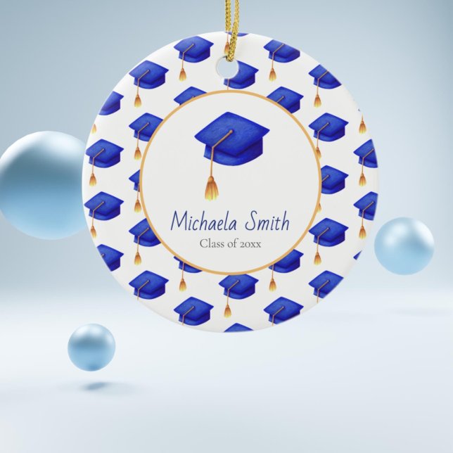 Royal Blue High School Graduation Christmas Ceramic Ornament (Royal blue graduation cap class off christmas keepsake ornament)