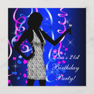 Royal Blue Hot Pink 21st Birthday Party Invitation