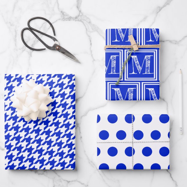 Royal Blue Houndstooth Monogram Polka Dot Wrapping Paper Sheet (Front)