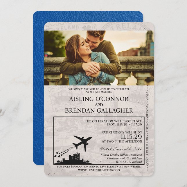 Royal Blue Ireland Passport Wedding Invitation (Front/Back)
