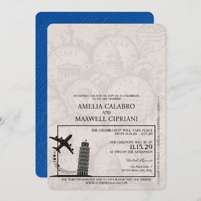 Royal Blue Italy Passport Wedding Invitation (Front/Back)