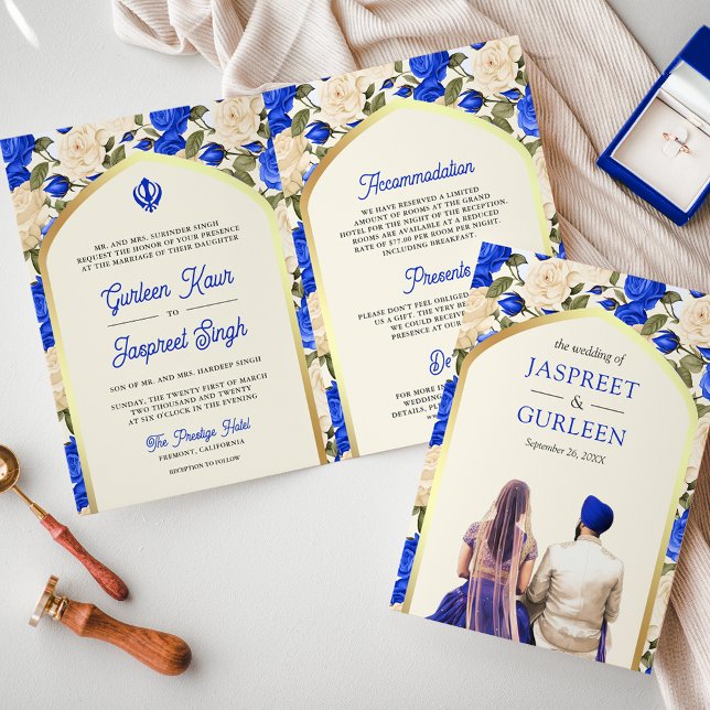 Royal Blue Ivory Floral All in One Sikh Wedding Invitation (Creator Uploaded)