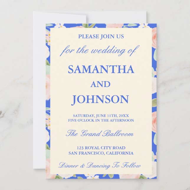 Royal Blue Ivory Floral Monogram Photo Wedding Invitation (Front)
