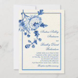 Royal Blue Ivory Toile Floral Wedding Invitation