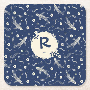 Royal Blue Japanese Koi Design Square Paper Coaster