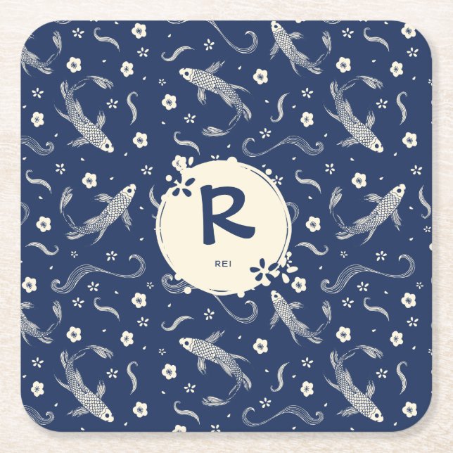 Royal Blue Japanese Koi Design Square Paper Coaster (Front)