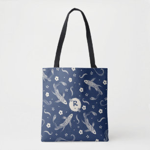 Royal Blue Japanese Koi Design Tote Bag