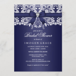 Royal Blue Lace & Diamond Bow Bridal Shower Invitation