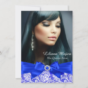 Royal Blue Lace & Jewel Bow Quinceanera Invitation